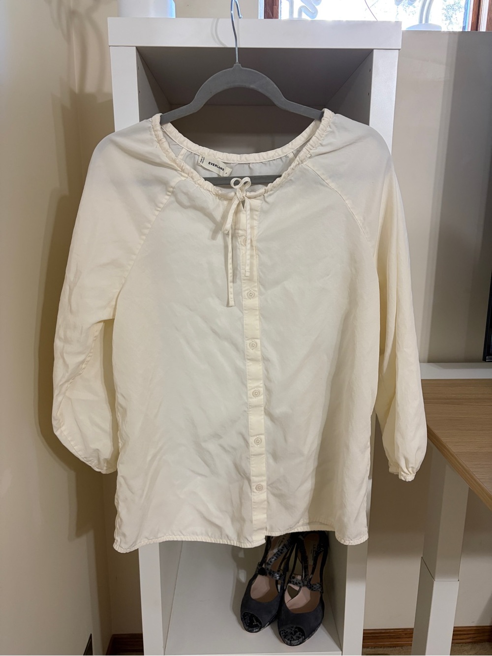 Everlane Cream Button-Front Tie-Neck Blouse